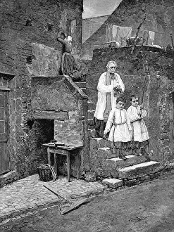Priest and altar servers, historical woodcut