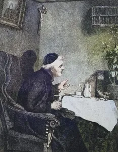 Priest sitting at the table and has caught a bird picking up the cake crumbs