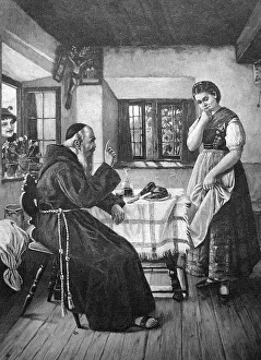Priest teaching young woman in the farmhouse