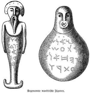Products made of clay with abstract Moabite figures, depiction of people and inscription, the Moabite kingdom lived east of the Dead Sea around 800 BC, mention in the Old Testament, archaeological finds, history of mankind, Middle East