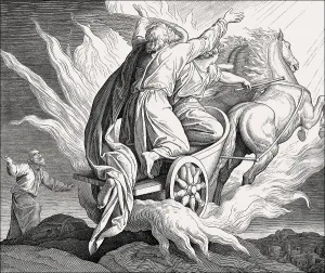 Prophet Elijah riding a flaming chariot across the sky