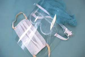 A protective set including a mask and glasses with a clear shield on a teal surface