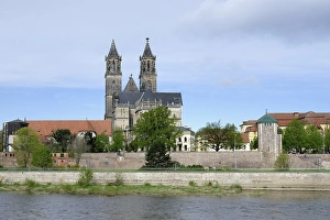 Protestant gothic Magdeburg cathedral or Cathedral of Saints Maurice and Catherine along the Elbe River