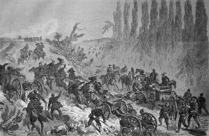 Prussian soldiers and horse teams with guns force the steep climb to the heights at Spichern on 6th August