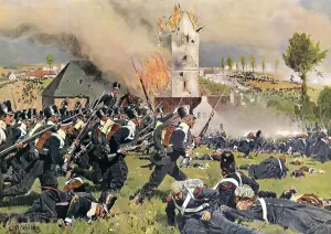 Prussian troops attacking the French at the cemetery of Plancenoit