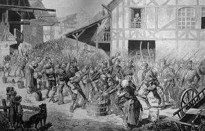 Prussian troops go to war and get water in a village