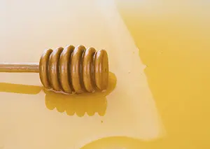 Puddle of honey with wooden stick as background