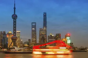 Pudong financial district with Oriental Pearl Tower at night
