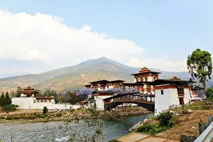 Punakha dzong with wooden cantilever bridge