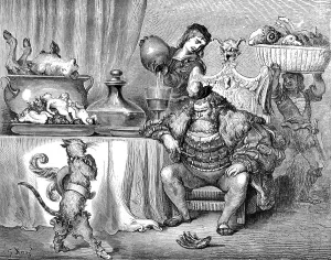 Puss in Boots, king with a beard and servant with delicious dishes in the castle