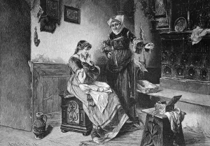 Putting on a necklace from the jewellery box