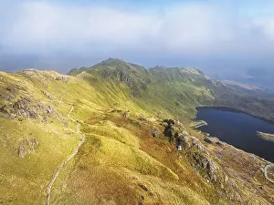 Pyg Track over Llyn Llydaw lake from a drone