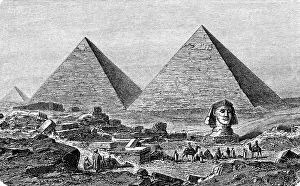 The Pyramids of Giza in the Nile Valley, Wonder of the World, UNESCO World Heritage Site, Cheops Pyramid, one of the oldest surviving structures of mankind, built in the 4th Dynasty around 2500 BC, ruins, camels, horsemen, Arabs, Africa, Egypt