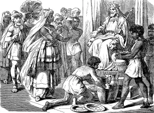 The queen from rich Arabia comes to King Solomon in Jerusalem