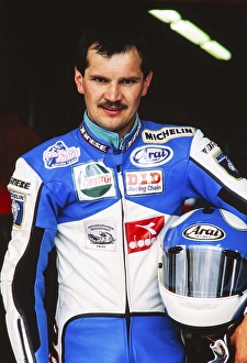 Racer Adi Stadler (DEU), portrait, Gemeinschaft Obing e. V. European Champion 1989, here at the Motorcycle World Championship 1990, rider in the 125 cc class, Grand Prix (GP) of Germany at the Hockenheimring on 27 May 1990, Germany, Europe