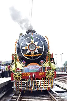 Railway steam engine on track