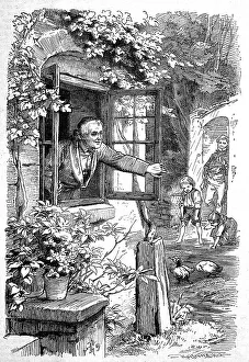 Rain, the grandfather closes the window while the children have fun in the rain