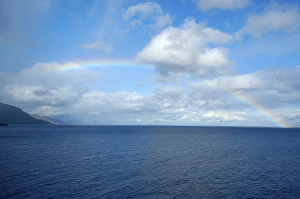 Rainbow and clouds over the sea Lofoten Norway