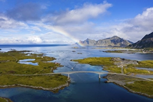 Category Scandinavia Prints: Rainbow over fjord, bridge at Fredvang