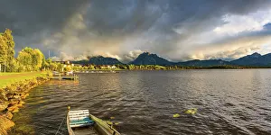 Category Mountain Landscapes Prints: Rainbow, Hopfensee, behind it Hopfen am See and Ammergau Alps