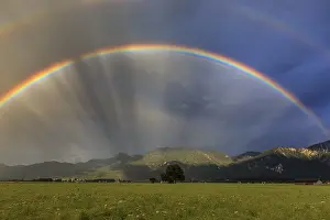Rainbow, sunbeams, reflection, cloudy mood