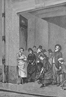 Rainy weather, people standing under a roof waiting for the rain to stop
