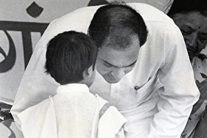 Rajiv Gandhi listening to child, India, Asia, 1980s, Asia