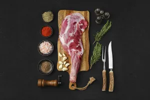 Raw peeled lamb shoulder ready for cooking on black background