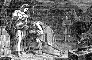 Rebekah fetches water from a well and gives the servant a drink