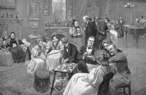 Reception day, men and women of noble society at a reception with a noble