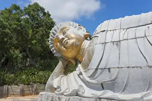 Reclining stone Buddha statue in a peaceful natural setting on a sunny day