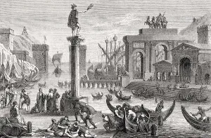 A reconstructed harbour city of ancient Rome