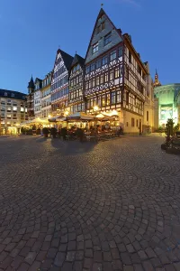 Reconstructed historic half-timbered houses on Roemerberg square