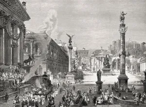 Reconstruction of the Roman Forum or Forum Romanum in ancient Rome