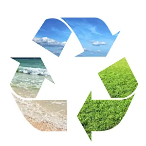 Recycling symbol made of sky, grass and water on white background