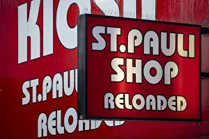 Red advertising sign on St. Pauli with large