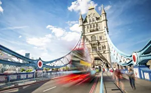 Red double-decker bus on the Tower Bridge