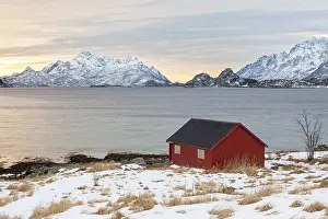 Red house at a fjord in winter
