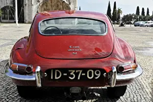 Framed Print : Red Jaguar E-Type classic car from behind in a square Framed Print : Red Jaguar E-Type classic car from behind in a square