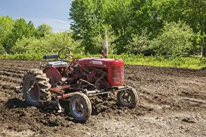 Red McGormick Farmall Super A tractor in plowed agricultural field