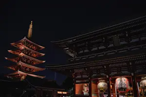 Red Pagoda in Senjo-ji Kannon Temple in Asakusa at Night - Tokyo