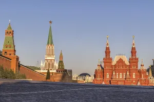 Red square, Moscow Kremlin towers and wall and Historical museum in the morning