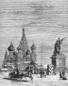 The Red Square with St Basil's Cathedral in the Russian capital Moscow, horse-drawn carriage, guardhouse with soldiers, walker, statue, geography, Russia, historical illustration 1888, Europe