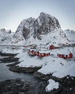 Red stilt houses, Hamnoy, drone shot
