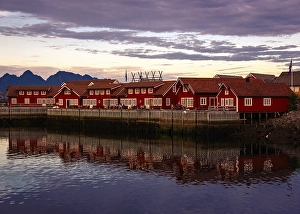 Red timber houses, Svolvaer, Lofoten, Norwegen