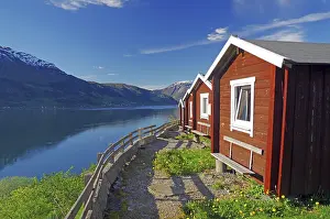 Red wooden cabins on a campsite