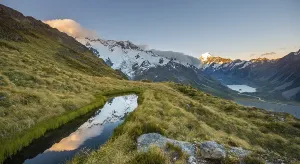 Reflection in mountain lake, view of Hooker Valley with Hooker Lake and Mount Cook