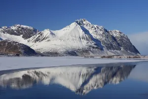 Reflection of the mountains at Ytterpollen in the snow in winter