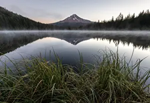 Reflection of Mt Hood volcano in Trillium Lake
