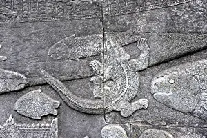 Relief, crocodile and fish, Bayon temple
